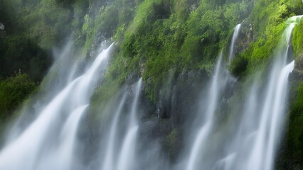Fototapeta premium A fresh spring waterfall descends over rocks in a beautiful forest