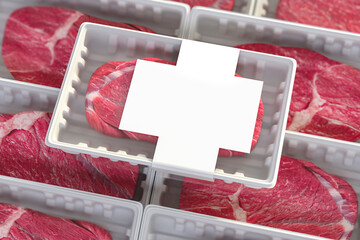raw meat on plastic tray with blank label in supermarket under transparent film envelope isolated - steak package - 3d render