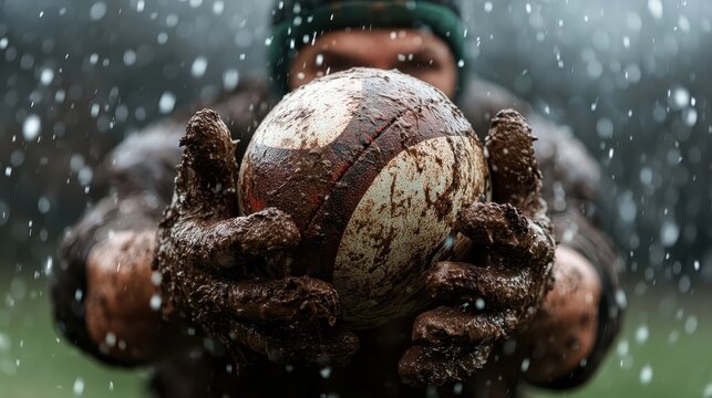 A close-up shot of a determined rugby player holding a dirty ball in the rain, illustrating the tenacity and resilience of athletes, embodying the spirit of sportsmanship.