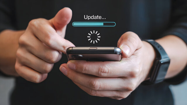 Upgrade underway on smartphone held by person, shows progress bar and loading symbol, illustrating application update or software installation, with focus on modern technology.