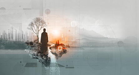 Silhouette figure, human mind concept,digital grid overlay. Abstract layering design composition. Technology, artificial intelligence, innovation, data visualization, future urbanism, knowledge system