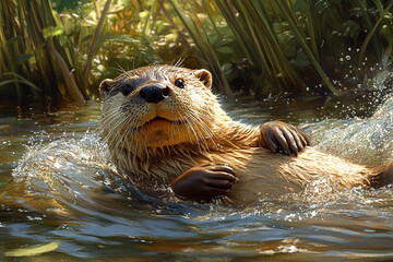 Playful Otter Sliding Down Muddy Riverbank into Clear Water in Natural Habitat