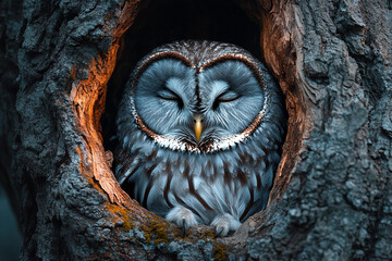 Sleepy Owl Nestled Inside Hollow Tree at Dusk in Forest Setting