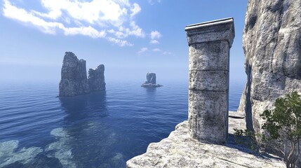 Serene coastal scene featuring ancient stone column overlooking calm sea and rocky islets under a bright sky