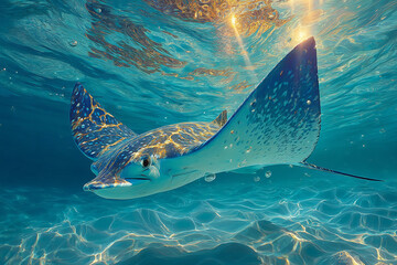 Bottom-up view of a graceful ray fish gliding through clear turquoise water