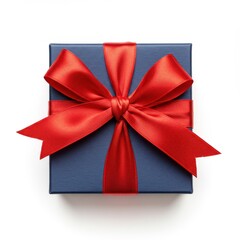 Elegant navy gift box with large red satin ribbon bow, top view, holiday celebration, birthday present, luxury packaging, romantic surprise, anniversary or Christmas gift design template