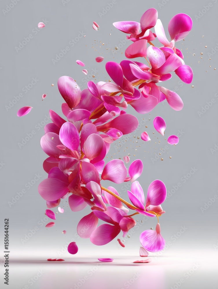 Poster a captivating image of delicate vibrant pink flowers with petals floating and dancing in the air cre