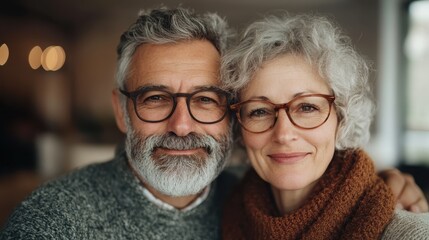 A smiling older couple posing closely, sharing love and warmth, highlighted by their cozy home environment, symbolizing companionship and lasting relationship.