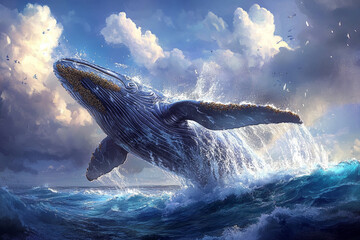 A majestic whale breaching powerfully from the ocean