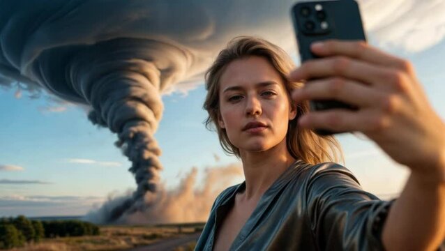 Mujer sacandose una selfie ,atras un tornado