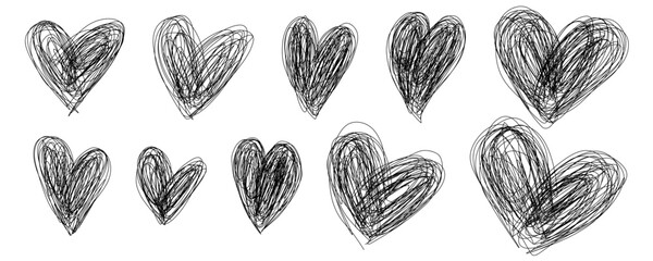 Scrawl Scribble Doodle Heart set. Sketch marker heart. Doodle hand drawn hearts. Valentine's Day set. Line art Scribble vector illustration isolated on white background. 