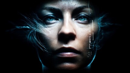 Close-up of a woman's face with striking blue eyes, illuminated against a dark background, surrounded by digital wire-like patterns and binary code, blending human and futuristic technological themes.
