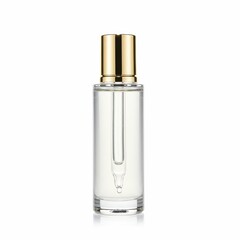 Naklejka premium Elegant transparent perfume spray bottle with gold cap on white background, luxury fragrance container for branding, beauty product mockup, cosmetics advertising or gift concept