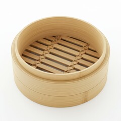 Traditional bamboo steamer basket on white background, Asian kitchen utensil for steaming dumplings, buns, vegetables or dim sum, eco-friendly cooking accessory