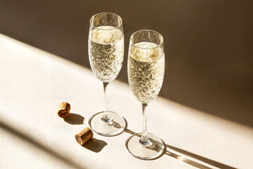 Sparkling Champagne Flutes with Bubbles and Cork Stoppers