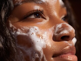 A photo of a woman's skin and cleanser foam with a foam cleanser on her face. Generative AI
