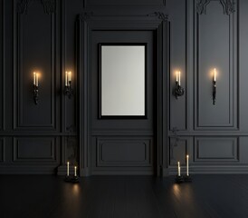 Dark Elegant Room Interior With Black Paneling And Candles