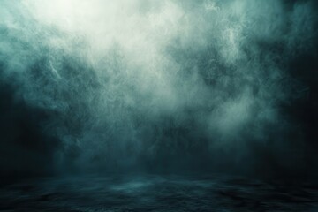 Fototapeta premium Dramatic teal smoke swirls down to a dim, textured floor surface. This is a great backdrop for moody portraits or graphic designs.
