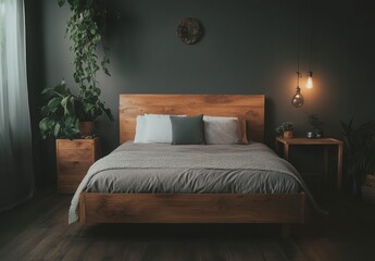 Dark Gray Minimalist Bedroom with Wooden Bed and Greenery