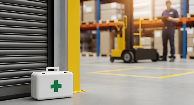 First Aid Kit at Warehouse Loading Bay with Forklift and Worker in the Background for Safety and Emergency Preparedness