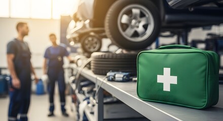 First Aid Kit in Auto Repair Shop with Mechanics and Car on Lift in Background