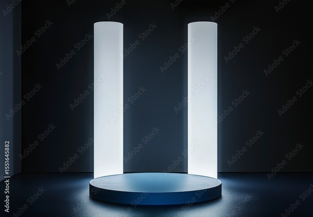 Aufkleber dark studio with illuminated blue circular platform and two white columns