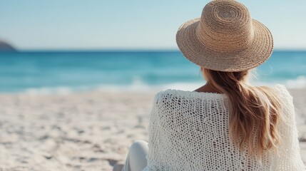 A tranquil scene depicting a woman seated on the beach, looking out towards the serene ocean, adorned in a summery sweater and hat, promoting a sense of peace and relaxation.