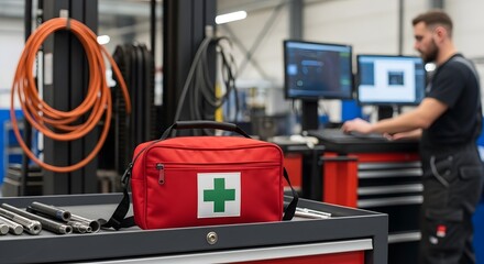 Fototapeta premium First Aid Kit on a Toolbox with Medical Equipment in a Workshop with a Technician Working