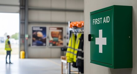 Green First Aid Kit Box Mounted on Wall in Industrial Setting with Worker and Safety Equipment in Background