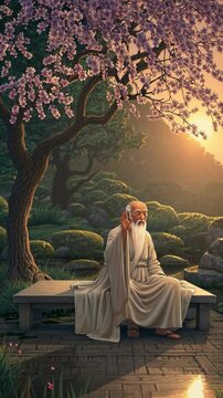 Serene video scene of an elderly man meditating under a cherry blossom tree at sunset. Low angle captures tranquility and natural beauty.