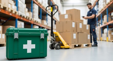 Naklejka premium Warehouse Safety First Aid Kit with Worker Scanning Boxes on a Pallet with Shelving in Background