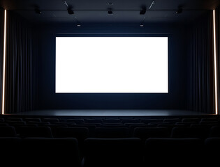 Empty Modern Cinema Auditorium Wide Angle Shot Bright White Screen Dark Seats theater