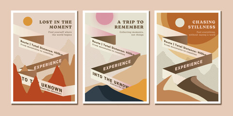 Abstract and earthy-tone travel posters promoting adventure, exploration with modern minimalist design