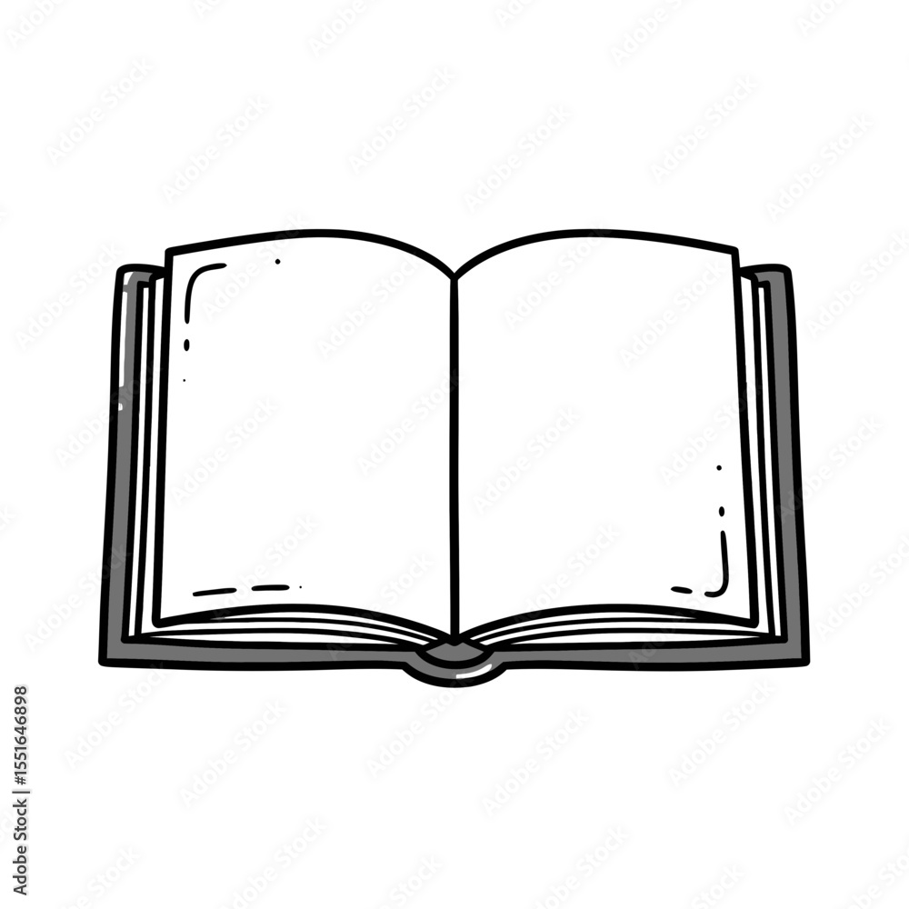Poster simple black and white line art drawing of an open hardcover book displaying two blank pages ready f