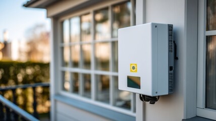 Close-Up View of a White Electrical Photovoltaic Wall Inverter Installed Outside a Modern Building