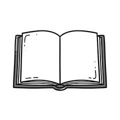 Simple black and white line art drawing of an open hardcover book displaying two blank pages ready for text or illustrations representing learning and creativity