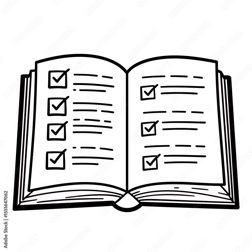 Poster detailed line art illustration of an open book displaying completed task list items marked with chec