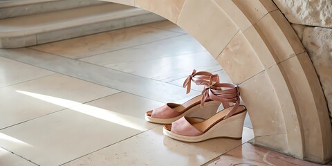 Peach-toned wedge sandals with metallic pink ankle ties — resting on a marble floor beneath a gentle curved stone archway.