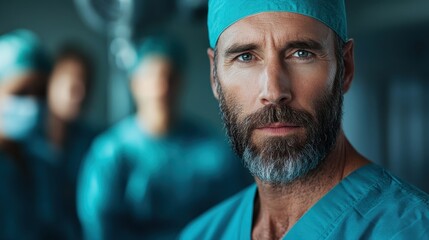 Fototapeta premium A focused male surgeon in scrubs, showcasing professionalism and expertise in a high-stress environment typical of modern healthcare settings.