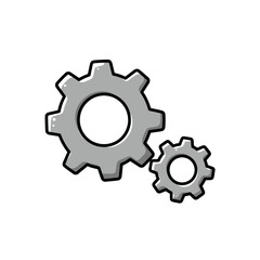 Simple illustration of two gray mechanical gears meshing together symbolizing system settings process engineering work and interconnected machinery operation