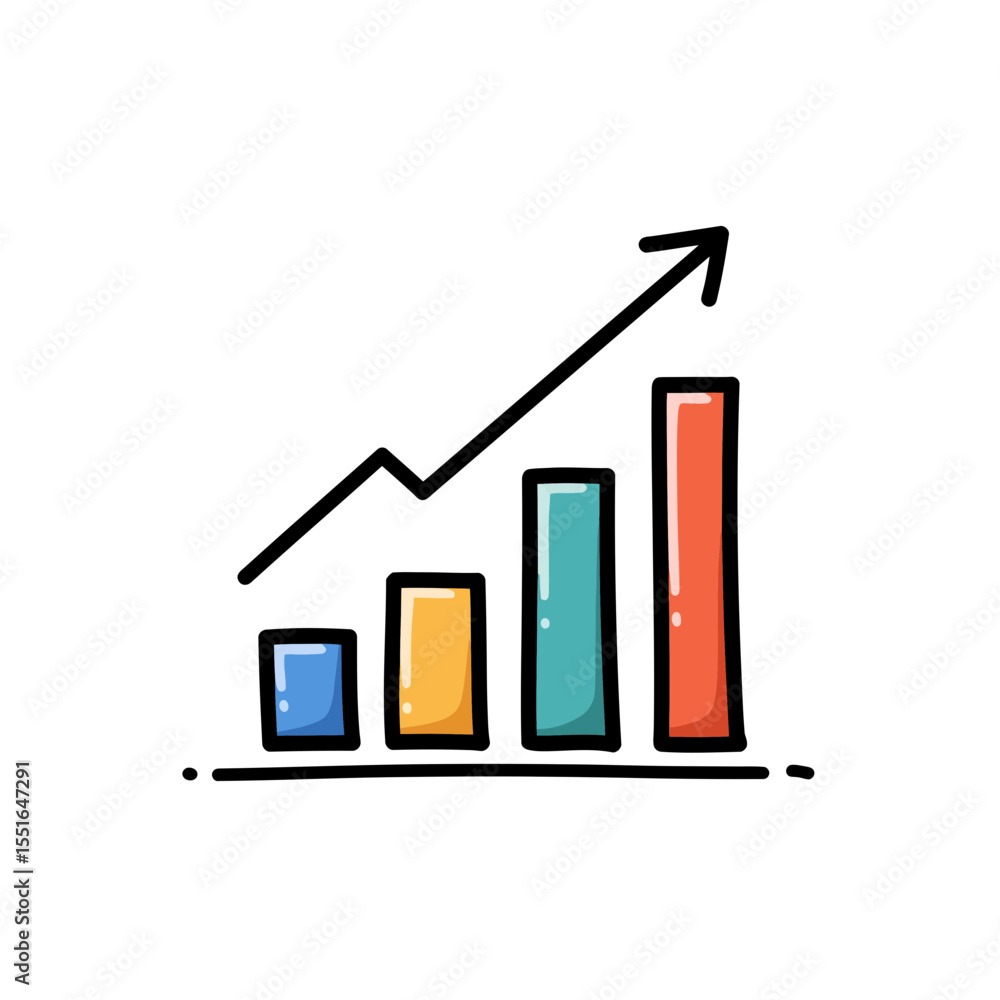 Poster simple hand drawn cartoon sketch style bar chart with upward trend line visualizing business financi