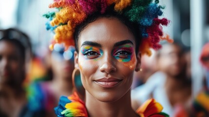 A festive atmosphere showcases a woman with bright, rainbow-colored hair and artistic face paint, symbolizing joy, pride, and celebration in a lively setting.