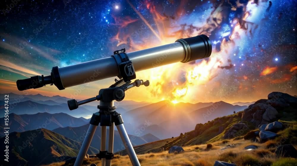 Poster telescope pointed towards colorful nebula in mountain landscape observing celestial objects and star