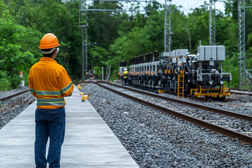 Worker inspecting power grid during maintenance near railway tracks