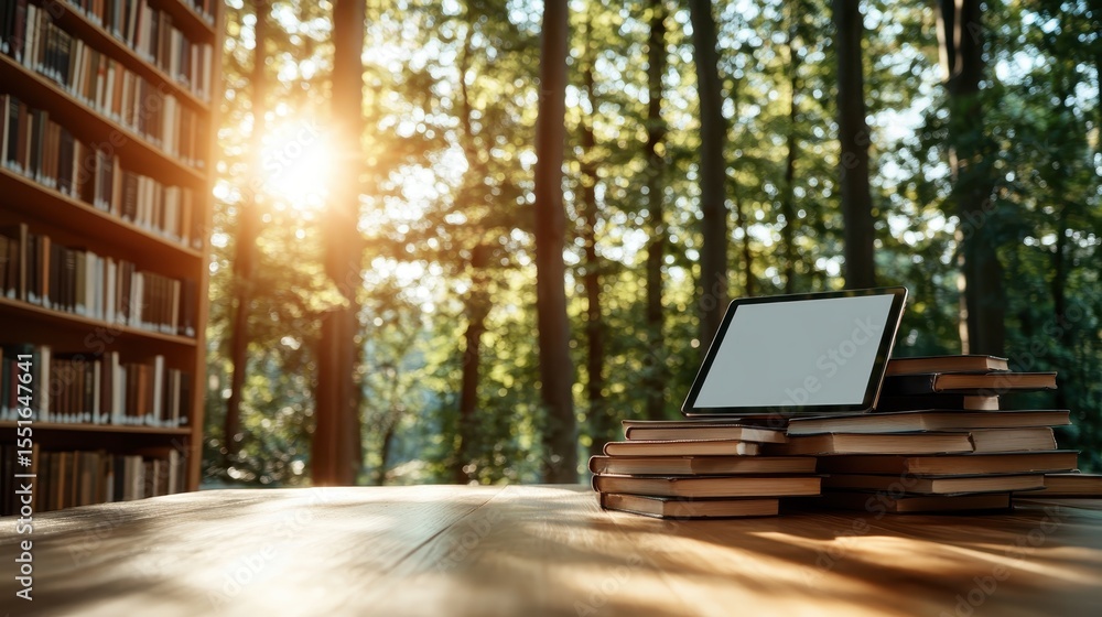 Poster a serene library scene featuring stacked books, a tablet, and soft sunlight filtering through trees,