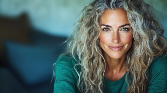 A stunning woman with beautiful curly hair and a warm smile, embodying confidence and grace, effortlessly exuding natural beauty in a serene and inviting environment, perfect for portraits.