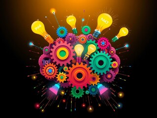 Surreal Abstract Brain Made of Gears and Glowing Bulbs with Light Trails &ndash; Colorful Concept Art Representing Creativity, Innovation, Intelligence, and Imagination on a Dark Background