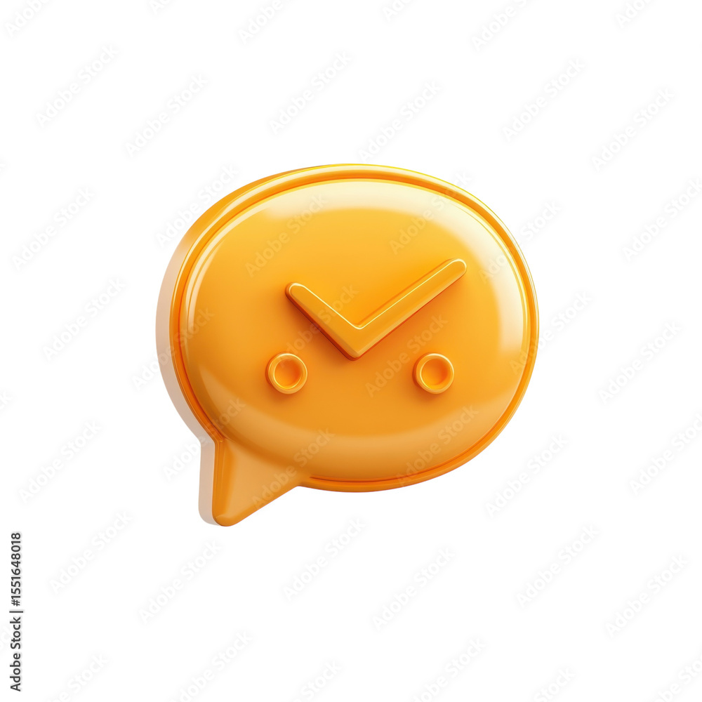 Poster glossy orange chat bubble icon design with a check mark communication and on transparent background