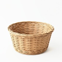 Fototapeta premium Round woven wicker basket isolated on white background, rustic home decor accessory for storage, picnic, gift hamper or organization design