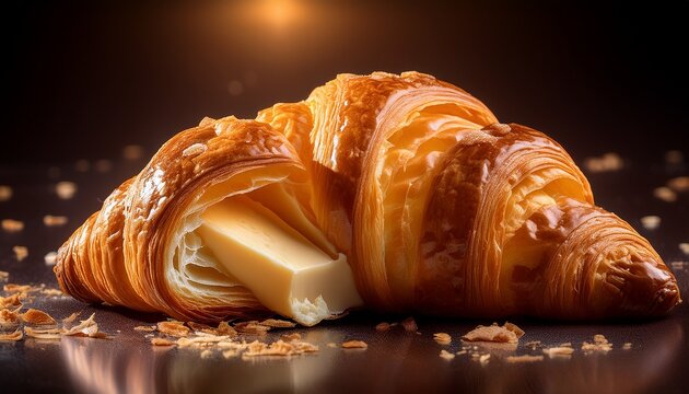 a golden croissant flaking apart revealing layers of buttered pastry concept of french patisserie mastery and breakfast luxury